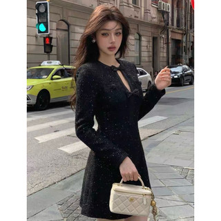Váy Dạ Cổ Nơ Bling Sang Chảnh Tay Dài, Váy Đầm Tỉ Tỉ Chiết Eo Dáng Ngắn Đen