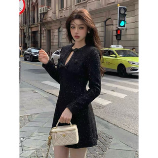 Váy Dạ Cổ Nơ Bling Sang Chảnh Tay Dài, Váy Đầm Tỉ Tỉ Chiết Eo Dáng Ngắn Đen