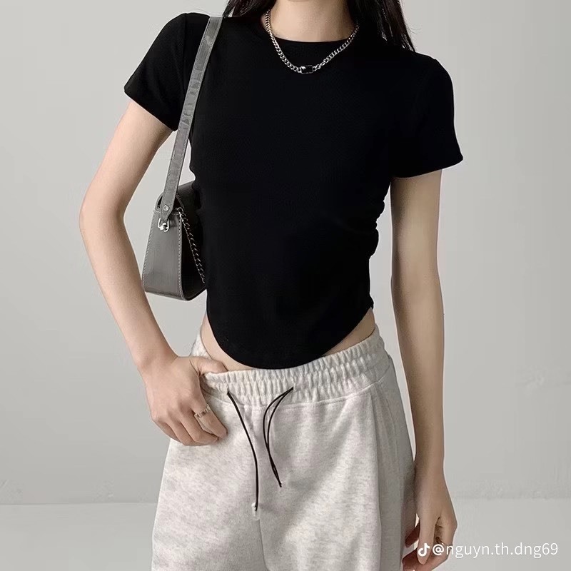 Áo Thun Cổ Tròn Bản Trơn Nhúm Eo Tôn Giáng Chất Thun Tăm Quảng Châu Dầy Dặn Co Dãn Mềm Mịn Siêu Thấm Hút Mồ Hôi