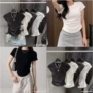 Áo Thun Cổ Tròn Bản Trơn Nhúm Eo Tôn Giáng Chất Thun Tăm Quảng Châu Dầy Dặn Co Dãn Mềm Mịn Siêu Thấm Hút Mồ Hôi