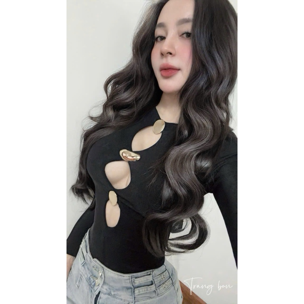 Áo thun nhúng dài tay đính tag ngực co giãn mạnh
