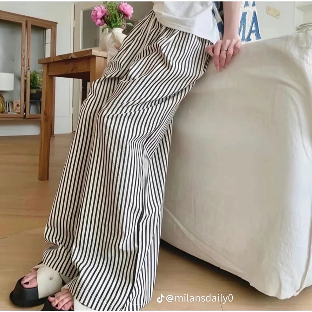 Quần Dài Ống Rộng Rộng Cạp Chun Phối Sọc Kẻ from Rộng Unisex Nam Nữ Phong Cách Thời Trang 2026