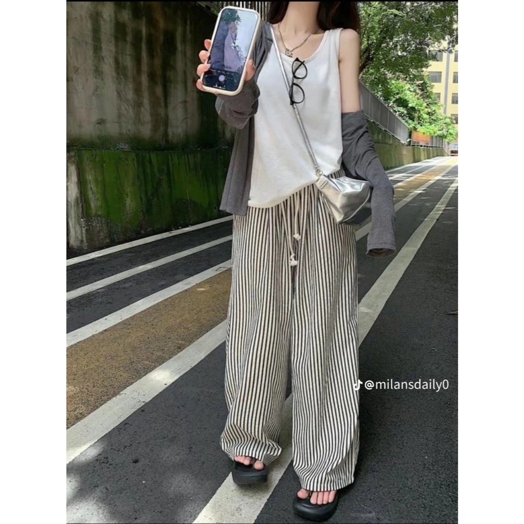 Quần Dài Ống Rộng Rộng Cạp Chun Phối Sọc Kẻ from Rộng Unisex Nam Nữ Phong Cách Thời Trang 2026