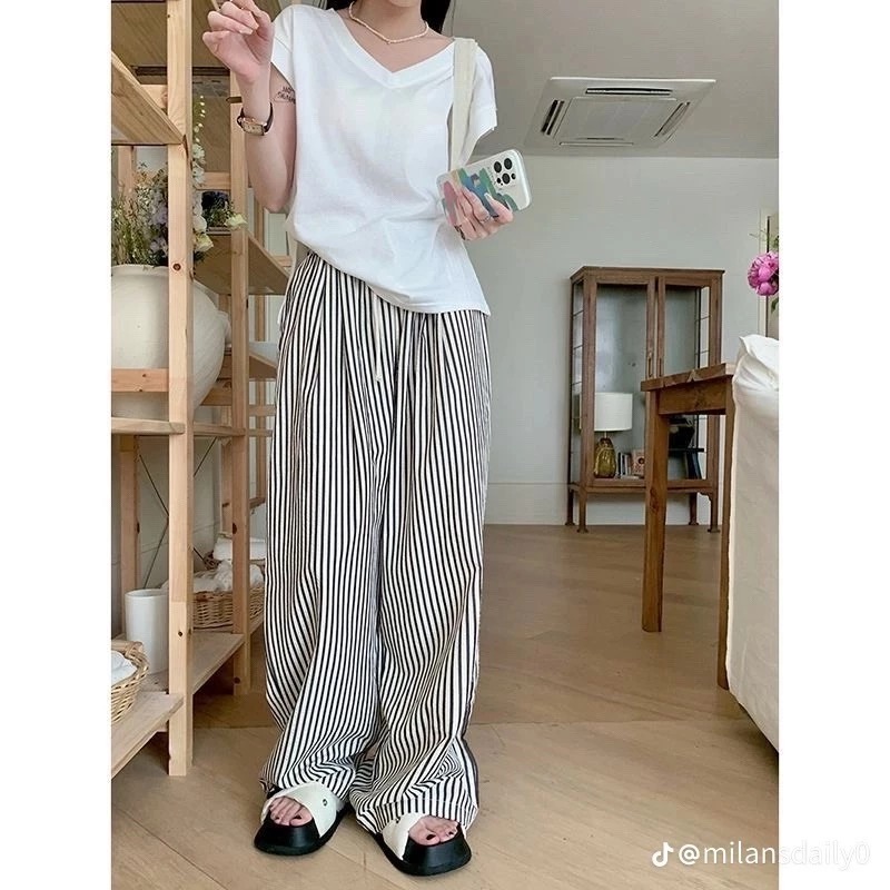 Quần Dài Ống Rộng Rộng Cạp Chun Phối Sọc Kẻ from Rộng Unisex Nam Nữ Phong Cách Thời Trang 2026