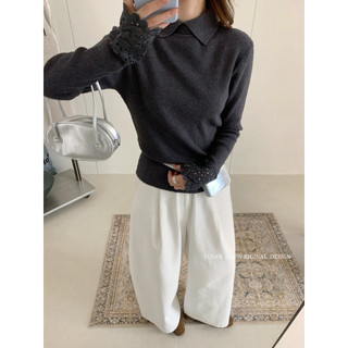 𝐏𝐡𝐢𝐞𝐧 𝐒𝐔𝐒𝐀𝐍 | (Sẵn) 2066S Áo Polo Len Tay Ren Hoa Form Vừa Vặn Hàn Quốc