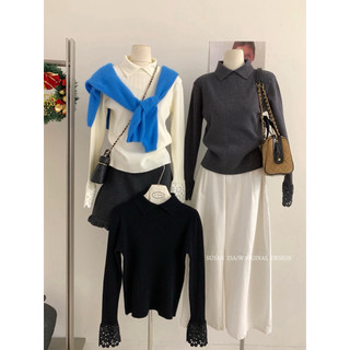 𝐏𝐡𝐢𝐞𝐧 𝐒𝐔𝐒𝐀𝐍 | (Sẵn) 2066S Áo Polo Len Tay Ren Hoa Form Vừa Vặn Hàn Quốc