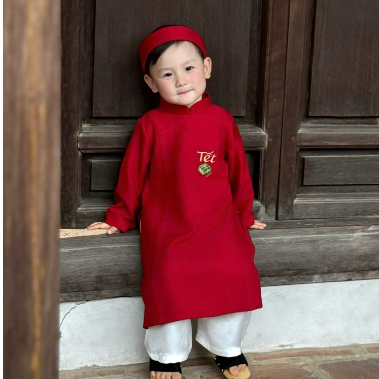 Tặng Mấn và Quạt Cầm tay - Set Áo Dài Tết 2026 Kèm Quần cho bé trai bé gái có chữ Tết màu đỏ vải linen cao cấp 6-19kg