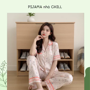 Bộ Quần Dài Áo Cộc Lụa Cát In hình LABUBU Cao Cấp - Mềm Mại Thoáng Khí Size 42-69kg