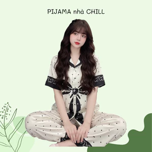 Bộ Ngủ Nữ Pijama Tay Ngắn Quần Dài Lụa Cát Thoáng Mát Tốt Mềm Mịn Họa Tiết Mèo