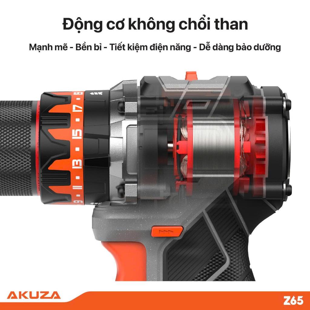 Máy Khoan pin Akuza Z65-Không Chổi Than, Đầu Kẹp 13mm,Lực 65Nm-Motor không chổi than-Móc kim loại
