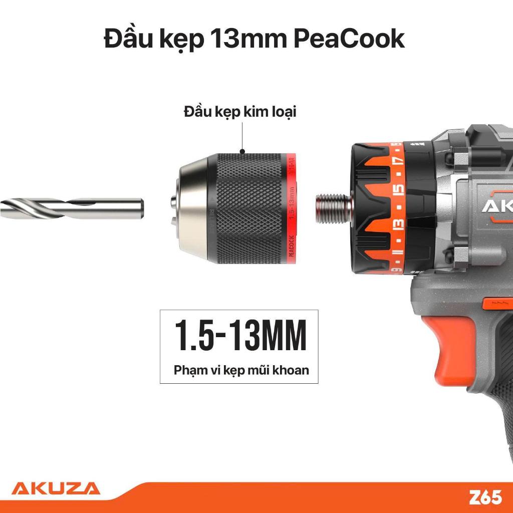Máy Khoan pin Akuza Z65-Không Chổi Than, Đầu Kẹp 13mm,Lực 65Nm-Motor không chổi than-Móc kim loại