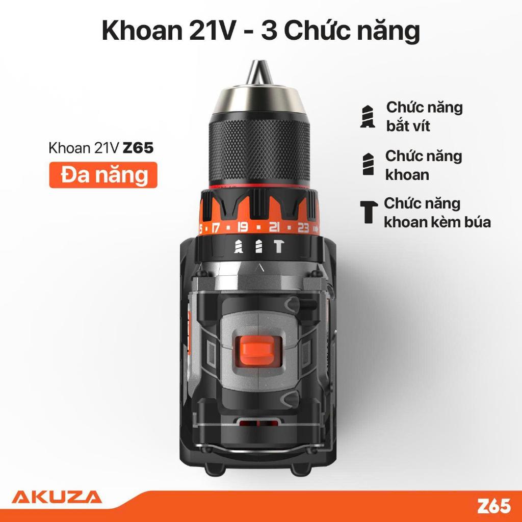 Máy Khoan pin Akuza Z65-Không Chổi Than, Đầu Kẹp 13mm,Lực 65Nm-Motor không chổi than-Móc kim loại