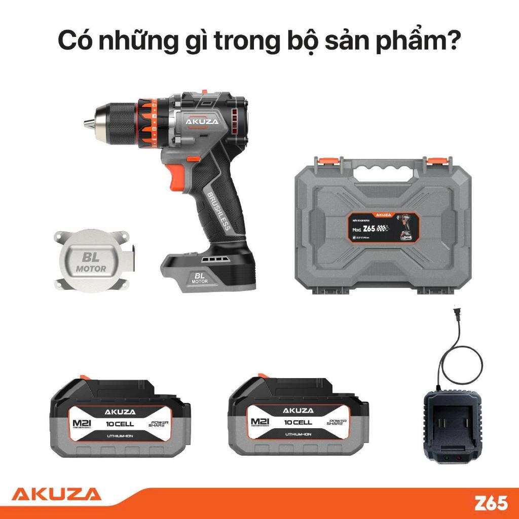Máy Khoan pin Akuza Z65-Không Chổi Than, Đầu Kẹp 13mm,Lực 65Nm-Motor không chổi than-Móc kim loại
