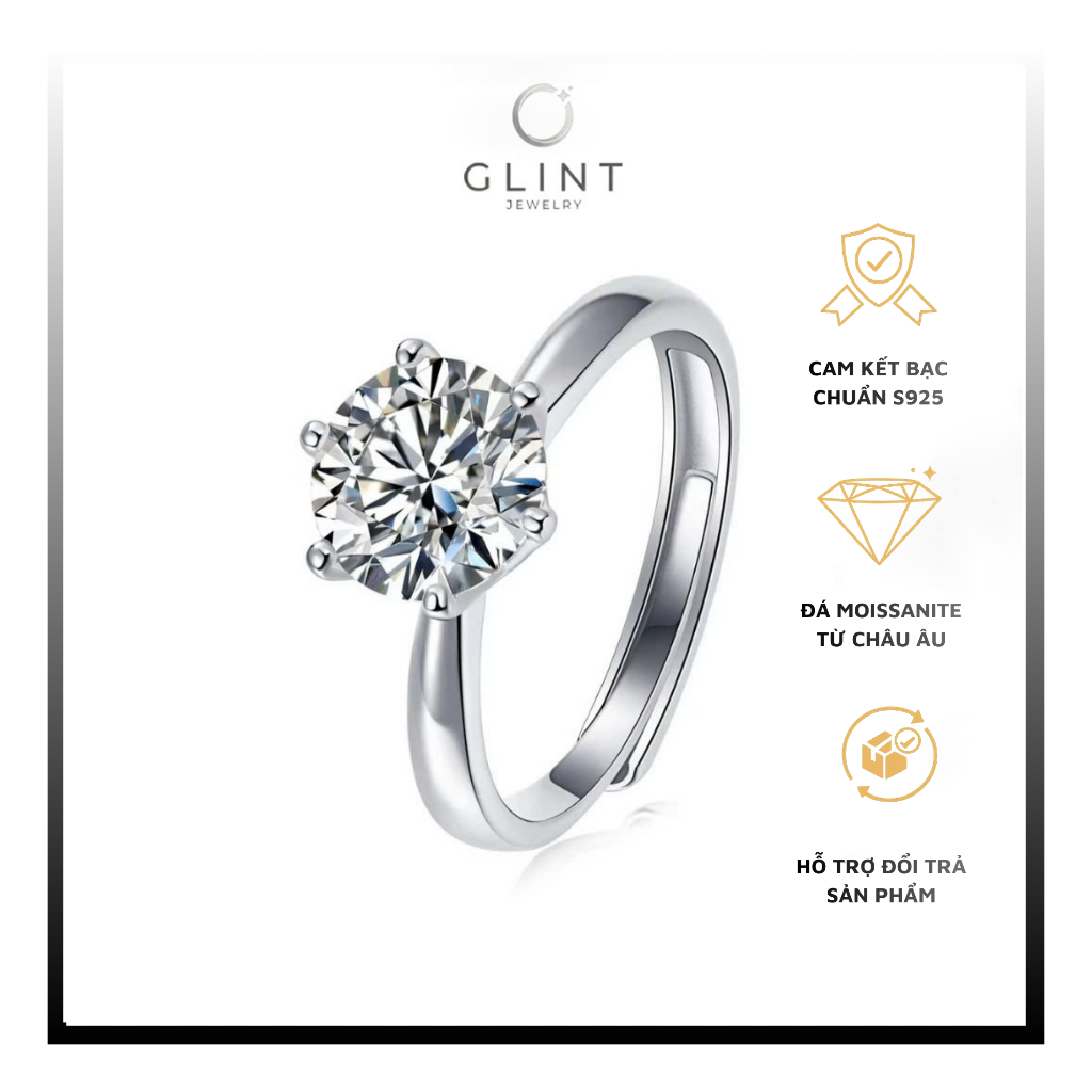 Glint Jewelry Nhẫn Moissanite 1CT Bạc 925 Trơn 6 Chấu Cao Cấp – Nhẫn Nữ ...