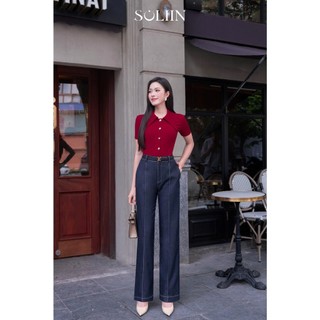 [VOUCHER 20%] Áo Thun Tay Ngắn Cổ Măng Bản To SOLLIN Thiết Kế Thoáng Mát Phong Cách Thời Trang Công Sở STELLA TOP
