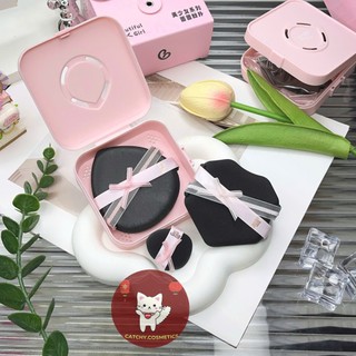 [GUOXIAONIU] Set 3 Bông Mút Tán Nền Guoxiaoniu Che Khuyết Điểm Vỏ Nơ Hồng Đen, Kèm Hộp Đựng