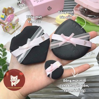 [GUOXIAONIU] Set 3 Bông Mút Tán Nền Guoxiaoniu Che Khuyết Điểm Vỏ Nơ Hồng Đen, Kèm Hộp Đựng