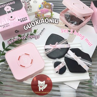 [GUOXIAONIU] Set 3 Bông Mút Tán Nền Guoxiaoniu Che Khuyết Điểm Vỏ Nơ Hồng Đen, Kèm Hộp Đựng