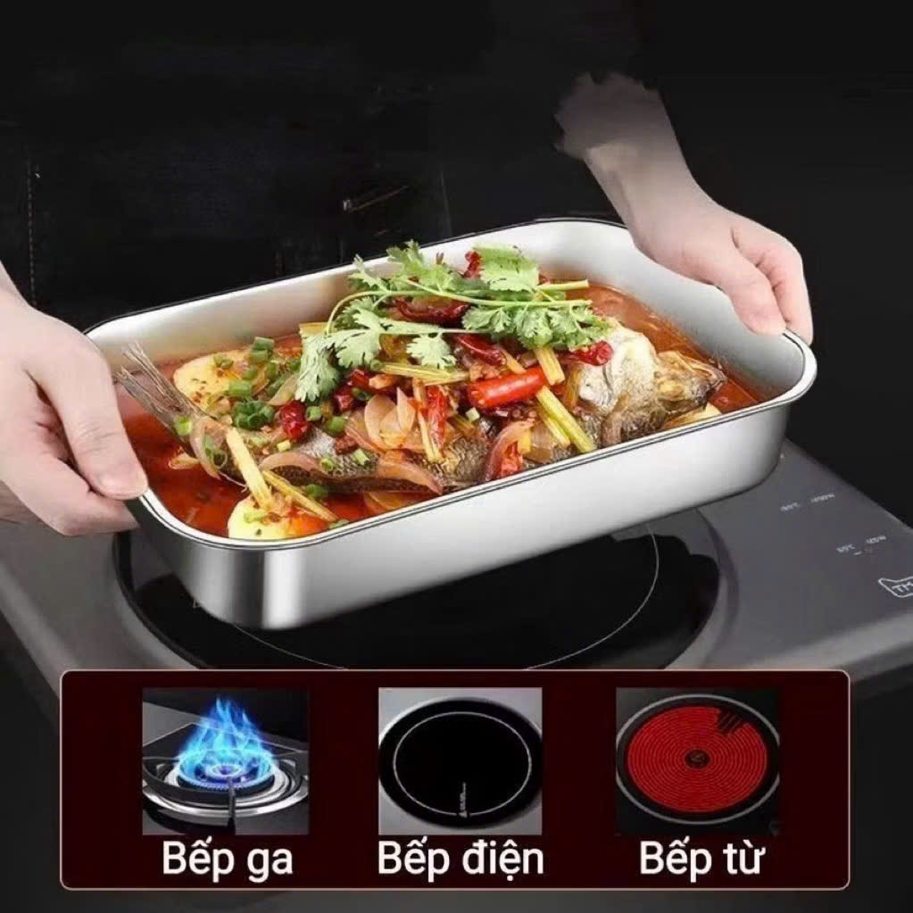 Khay Inox Kèm Nắp Dùng Để Hấp, Nấu Lẩu, Nướng Cá, Đựng Thực Phẩm Đa Năng