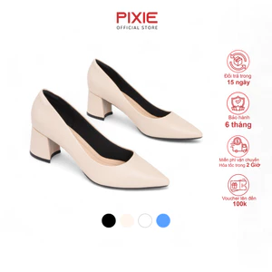 Giày Cao Gót Đế Vuông 5cm Mũi Nhọn Basic Màu Kem Pixie P055