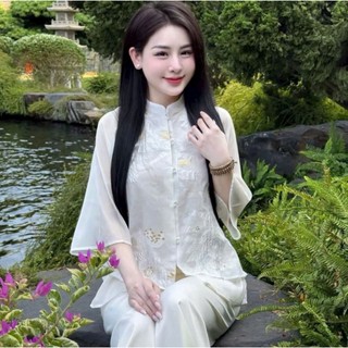 Set bộ Lam thời trang Nữ tao nhã áo gấm cổ tàu lửng tay cài cúc trước lót lụa tinh tế mix quần lụa ống rộng dài suông