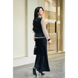 Áo peplum cổ bèo phối tay Phối Quần nhung ống rộng cạp chun LAMER L61B25T013 L64W25T002