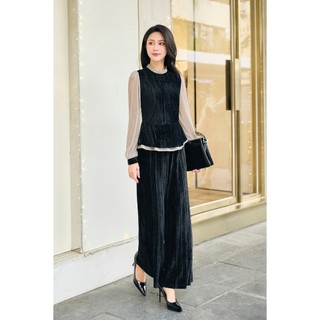 Áo peplum cổ bèo phối tay Phối Quần nhung ống rộng cạp chun LAMER L61B25T013 L64W25T002