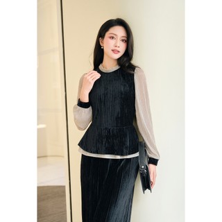 Áo peplum cổ bèo phối tay Phối Quần nhung ống rộng cạp chun LAMER L61B25T013 L64W25T002