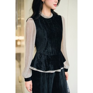 Áo peplum cổ bèo phối tay Phối Quần nhung ống rộng cạp chun LAMER L61B25T013 L64W25T002