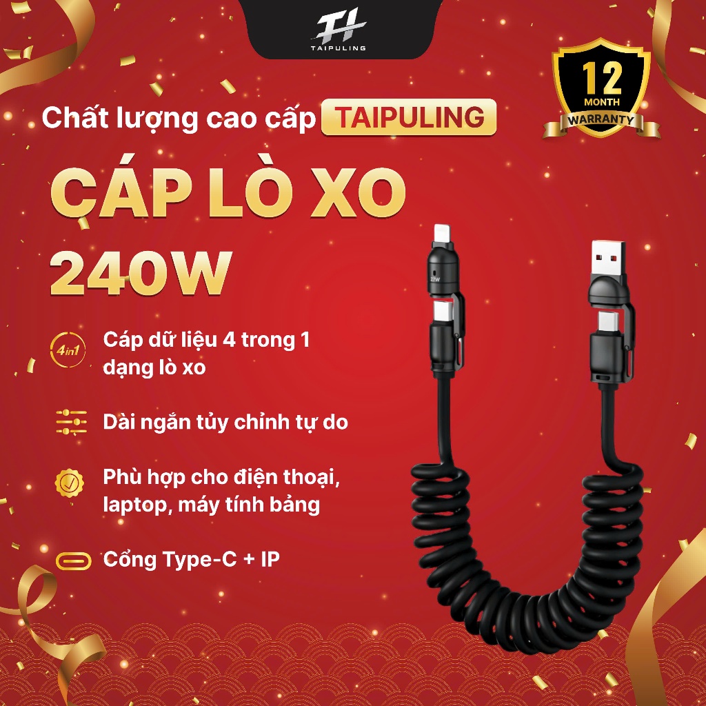 Cáp Sạc Nhanh 240W  Tốc độ sạc gấp  4 Trong 1, kim loại cao cấp,  bán chạy nhất