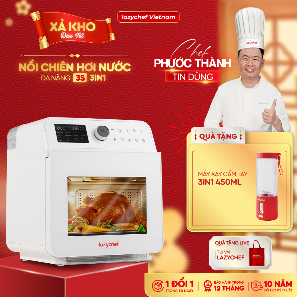 Nồi chiên hơi nước đa năng 3s Lazychef 16L, 3in1 Chiên- Hấp - Nướng bảo hành chính hãng 24 tháng