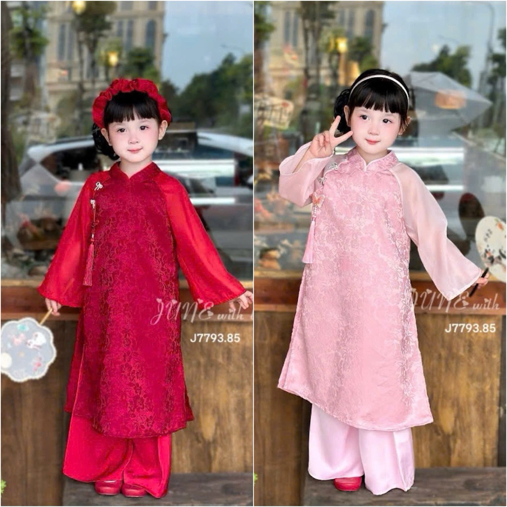 Set áo dài bé gái gấm hoa cao cấp J7793 – Áo dài trẻ em kèm quần lụa, size 1-10 tuổi (10-40kg)