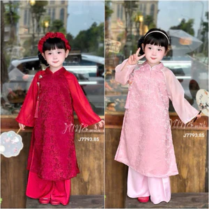 Set áo dài bé gái gấm hoa cao cấp J7793 – Áo dài trẻ em kèm quần lụa, size 1-10 tuổi (10-40kg)