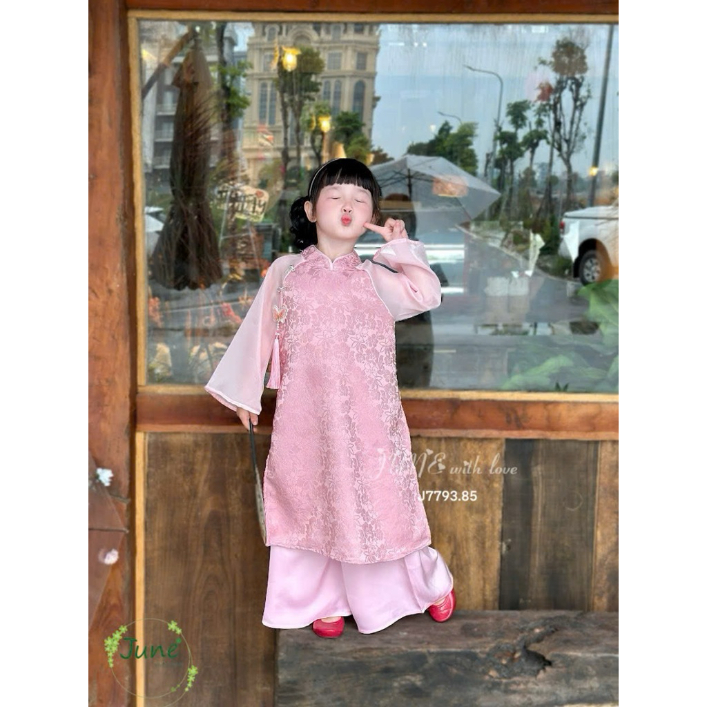 Set áo dài bé gái gấm hoa cao cấp J7793 – Áo dài trẻ em kèm quần lụa, size 1-10 tuổi (10-40kg)