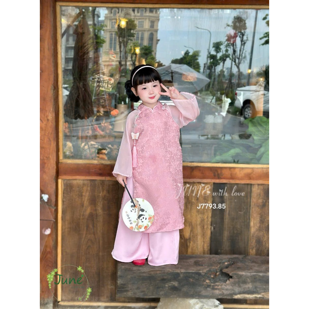 Set áo dài bé gái gấm hoa cao cấp J7793 – Áo dài trẻ em kèm quần lụa, size 1-10 tuổi (10-40kg)
