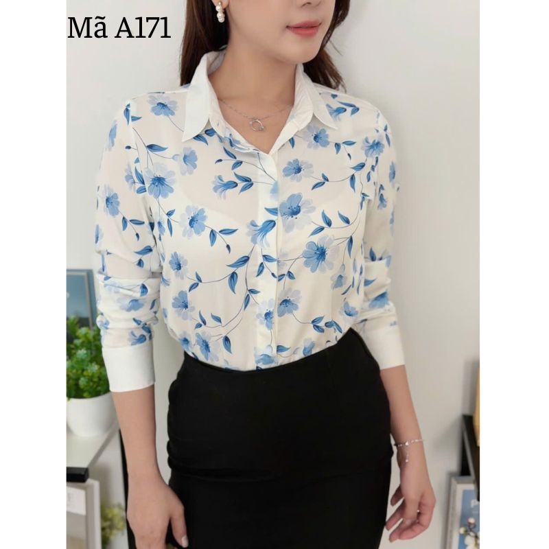 Áo Sơ Mi Hoa Xanh Chất Mango A171 Mềm Mát Lịch Sự Phong Cách Công Sở