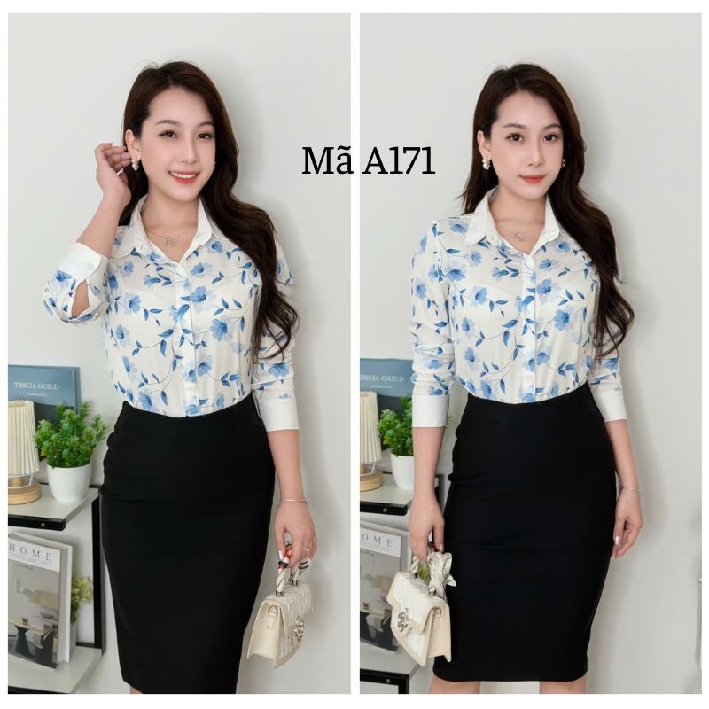 Áo Sơ Mi Hoa Xanh Chất Mango A171 Mềm Mát Lịch Sự Phong Cách Công Sở