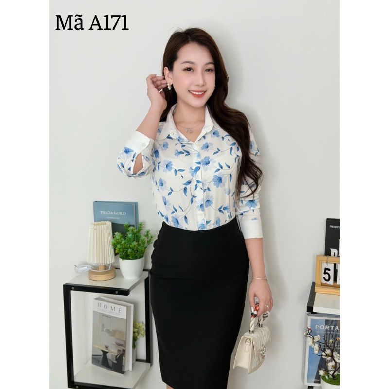 Áo Sơ Mi Hoa Xanh Chất Mango A171 Mềm Mát Lịch Sự Phong Cách Công Sở