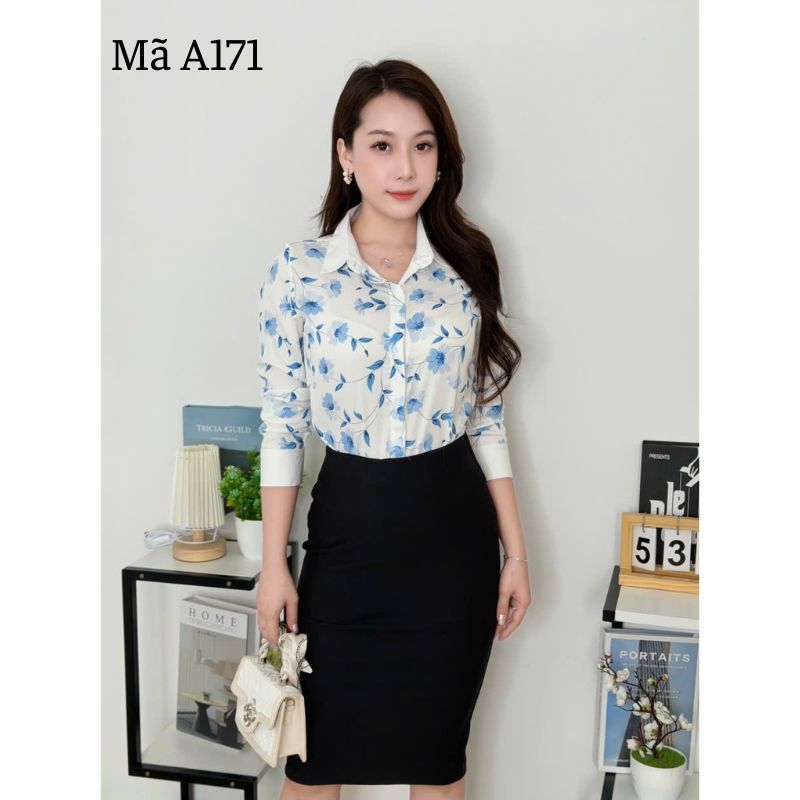 Áo Sơ Mi Hoa Xanh Chất Mango A171 Mềm Mát Lịch Sự Phong Cách Công Sở