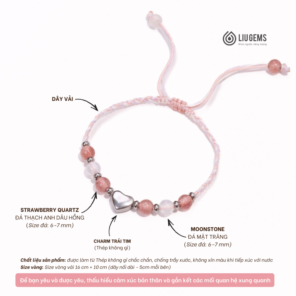 Vòng Tay Dây Vải 6 Viên Đá Tự Nhiên Liugems Lunar Energy Mix Charm Thép Không Gỉ Dễ Thương CM03