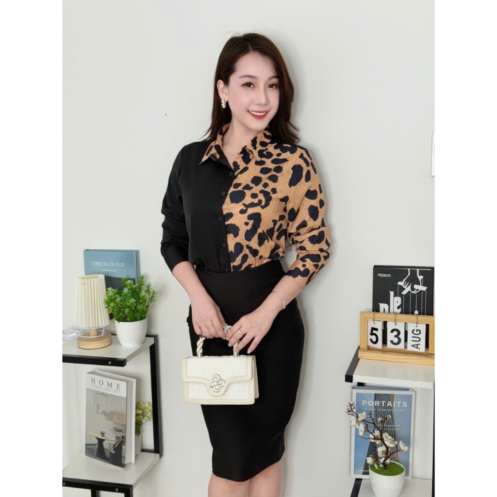 Áo Sơ Mi Nữ Phối Da Báo Cá Tính Chất Mango Mềm Mịn, Dáng Suông Thanh Lịch - A169