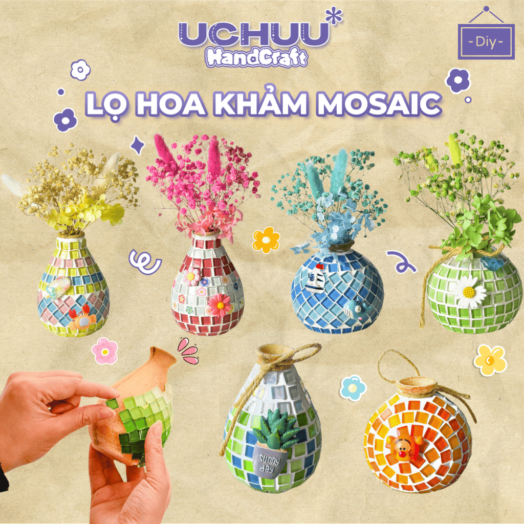 Lọ Hoa Khảm Mosaic DIY UCHUU HANDCRAFT Bộ Kit Thủ Công Tranh Khảm, Tự Làm Bình Hoa Để Bàn, Quà Tặng Trang Trí Decor