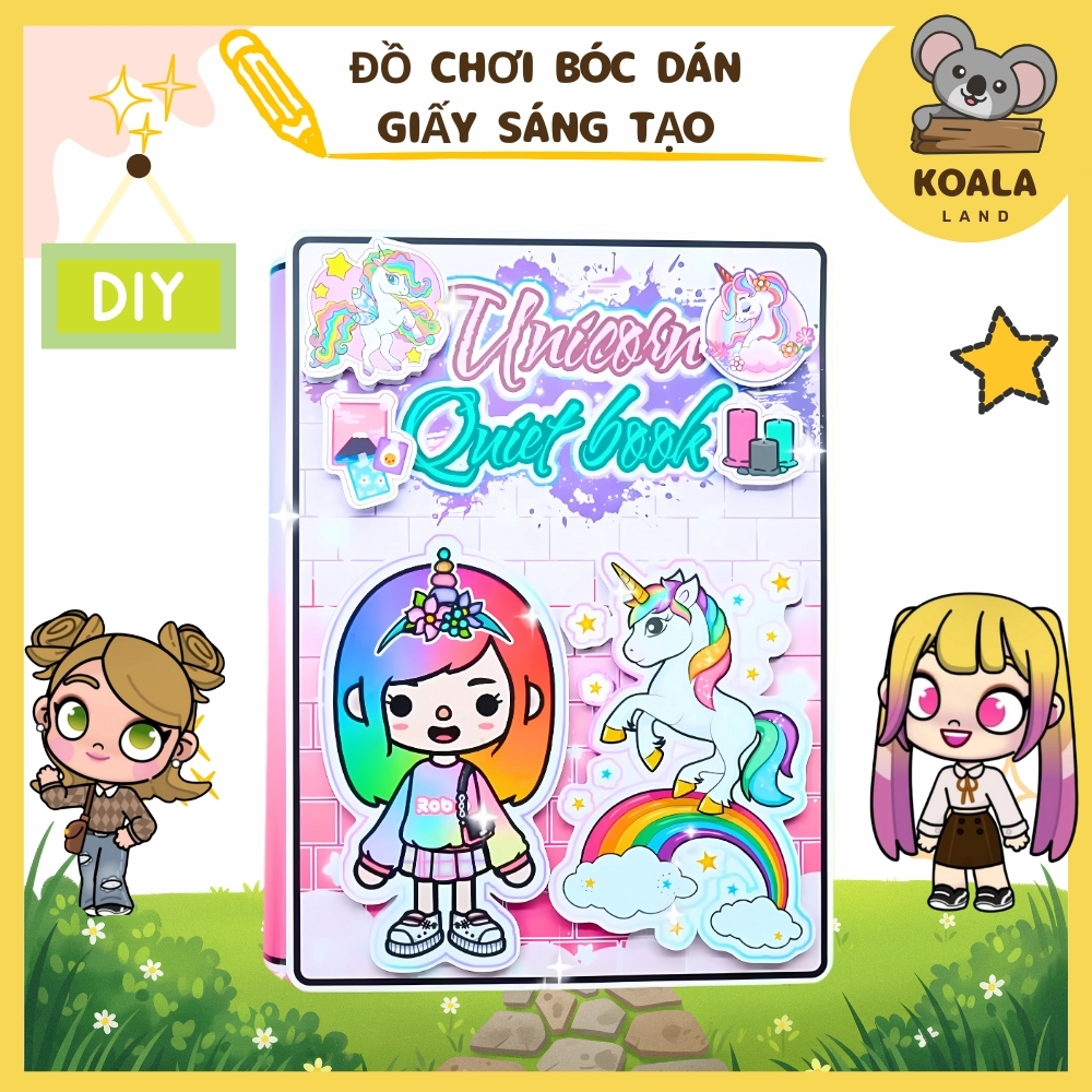 Đồ chơi bóc dán búp bê giấy Unicorn toca boca đồ chơi thông minh bằng giấy thủ công cho bé gái