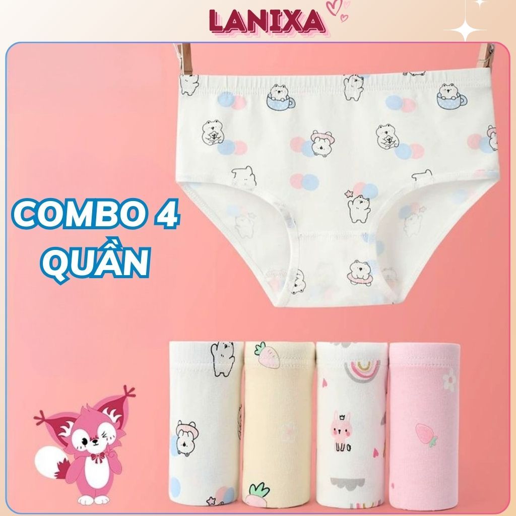 COMBO 4 Quần lót bé gái cotton cao cấp mềm mại - Set 4 Quần chip cho bé họa tiết xinh xắn đáng yêu