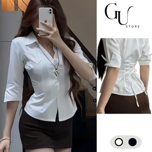 Áo sơ mi trơn tay lỡ cổ bẻ V có đan dây eo sau lưng chất mango dày dặn phong cách sexy thanh lịch GU STORE