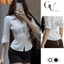 Áo sơ mi trơn tay lỡ cổ bẻ V có đan dây eo sau lưng chất mango dày dặn phong cách sexy thanh lịch GU STORE