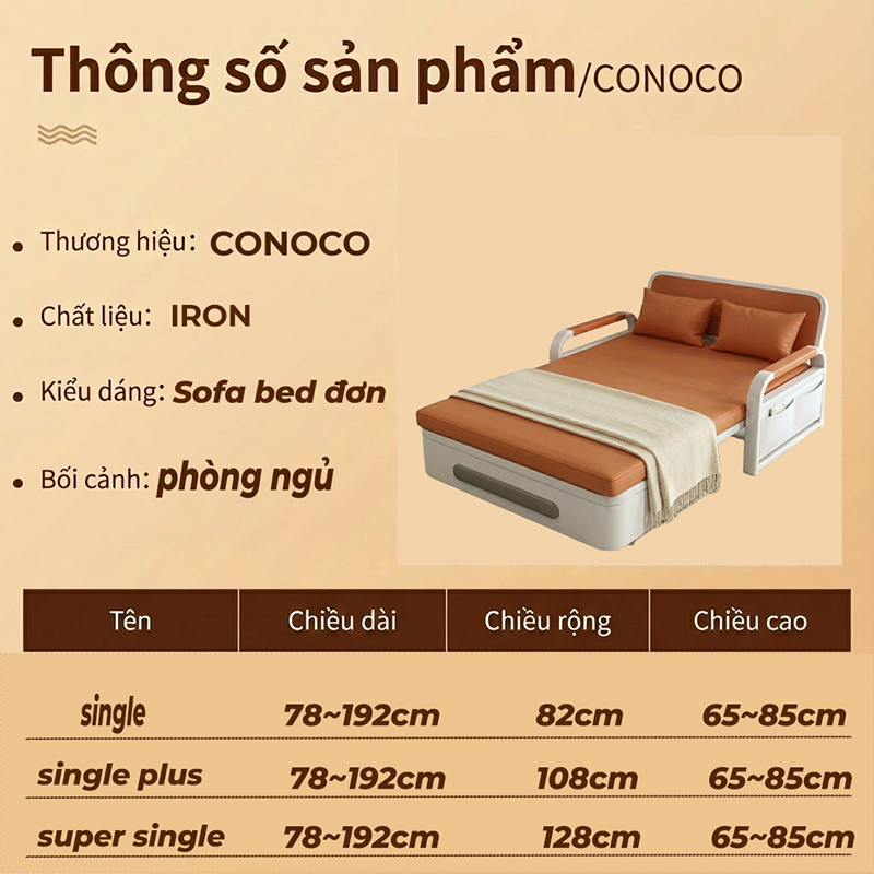Ghế Sofa Giường Đa Năng CONOCO Gấp Gọn Khung Sắt Chịu Lực Nệm Cao Su Da Mèo Cào Chống Xước Có Hộc Đồ