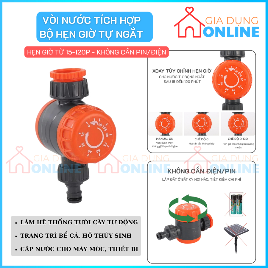 Van vòi nước có núm xoay vặn hẹn giờ tự động ngắt nước không pin cho dàn tưới tự động, bể cá...