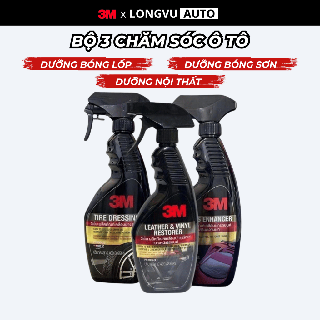 Bộ sản phẩm chăm sóc xe 3M, vệ sinh ghế da, bảo dưỡng nội thất, làm bóng lốp vỏ xe, ô tô, NK 3M Thái Lan