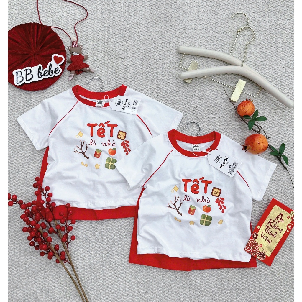 Bộ cotton cộc tay in hoạ tiết tết tông màu đỏ trắng, bộ thun diện tết siêu xinh unisex cho bé